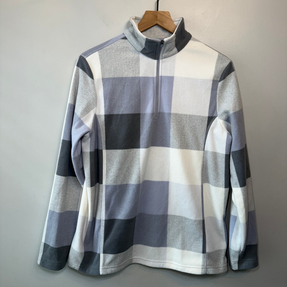 Lands End Women's Plaid Fleece Quarter Zip Pullover Sweater Gray Medium 10/12